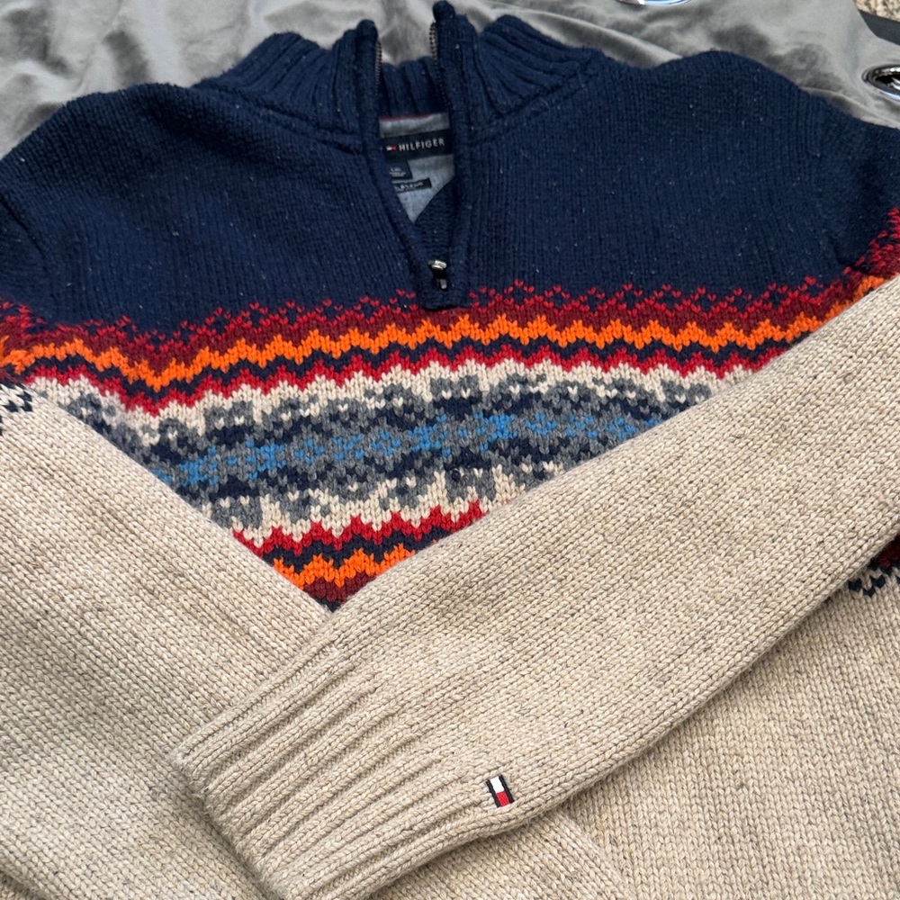 Tommy Hilfiger Wool Blend Navy and Beige Zip Up Pullover Sweater SzL - Picture 6 of 7